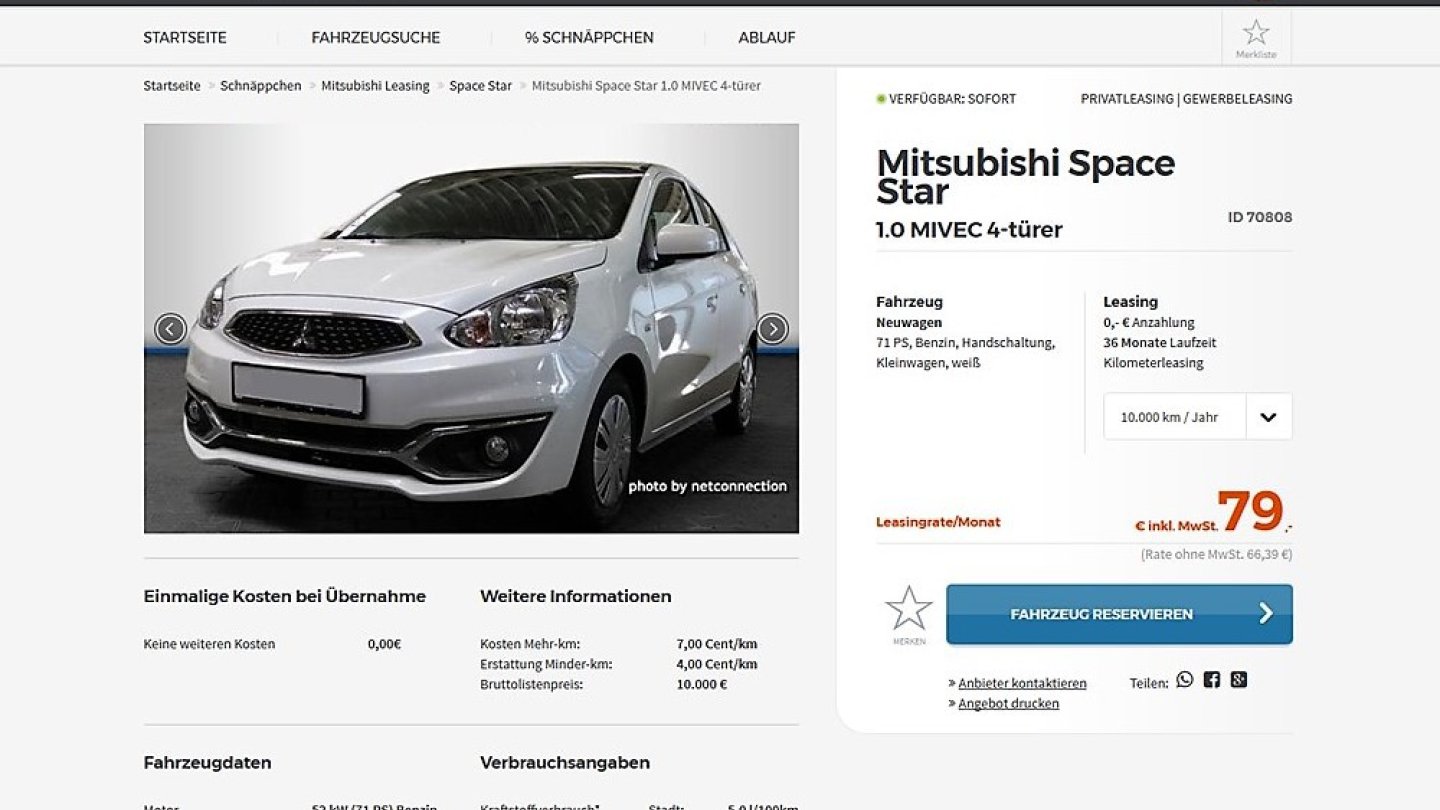 Das aktuelle Ratenschnäppchen ist ein Mitsubishi Space Star für 79 Euro im Monat. Das aktuelle Ratenschnäppchen ist ein Mitsubishi Space Star für 79 Euro im Monat.